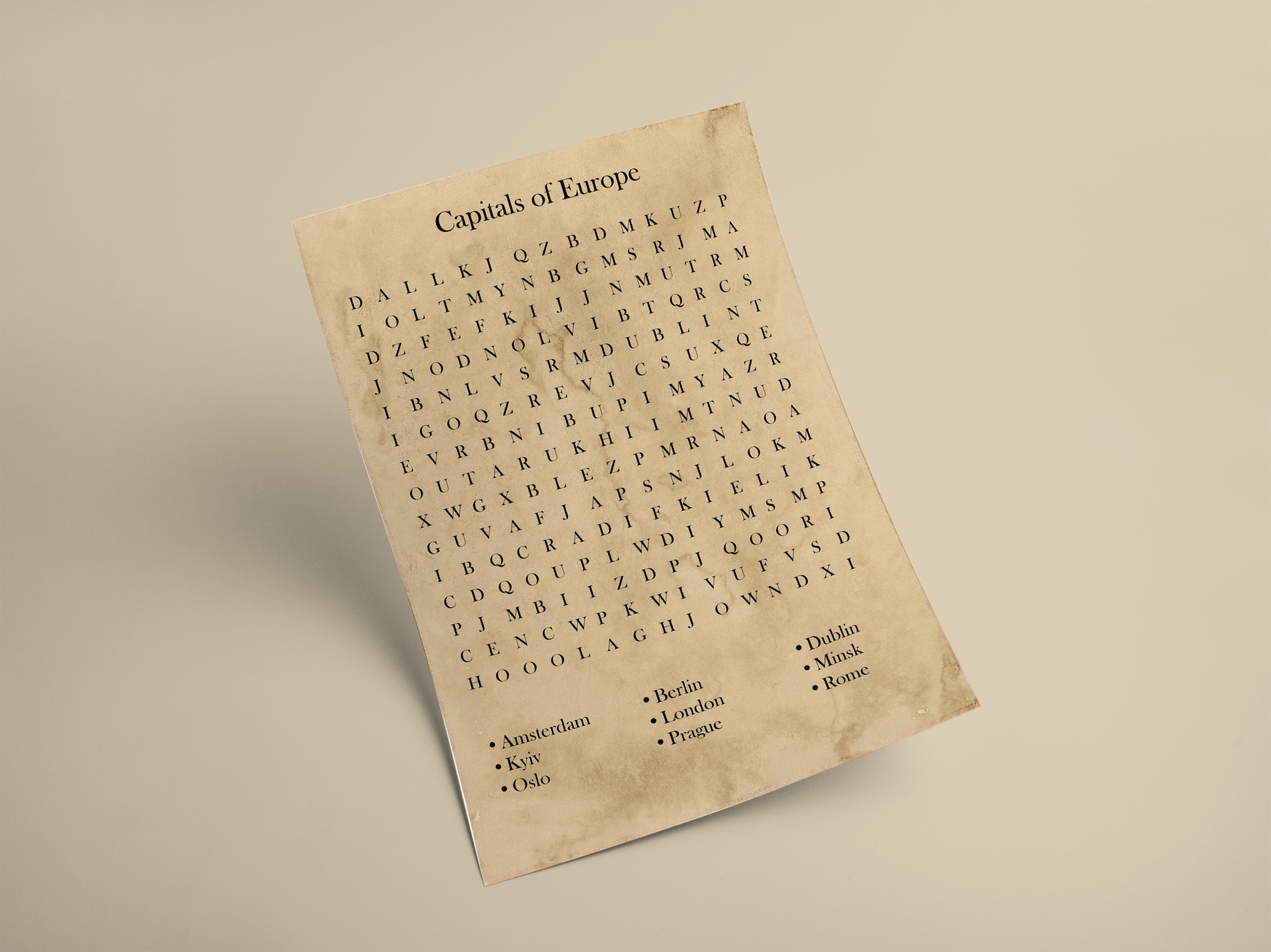 Mockup of a wordsearch on parchment