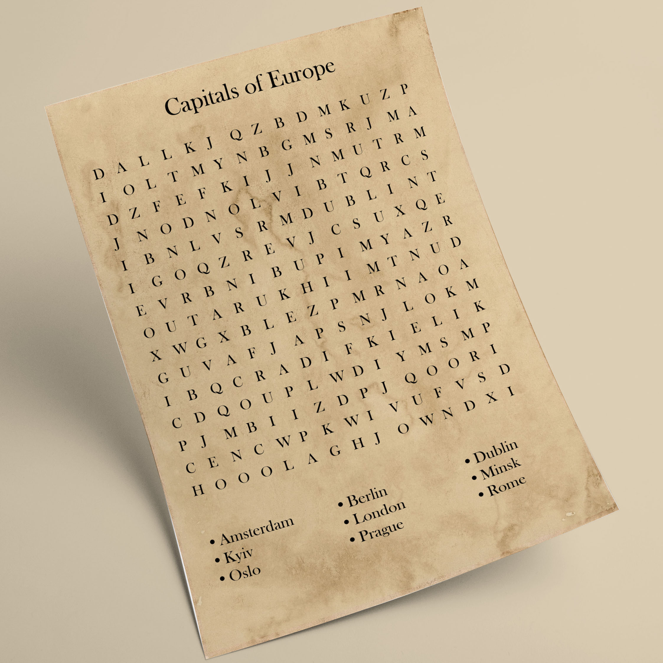 Mockup of a wordsearch on parchment