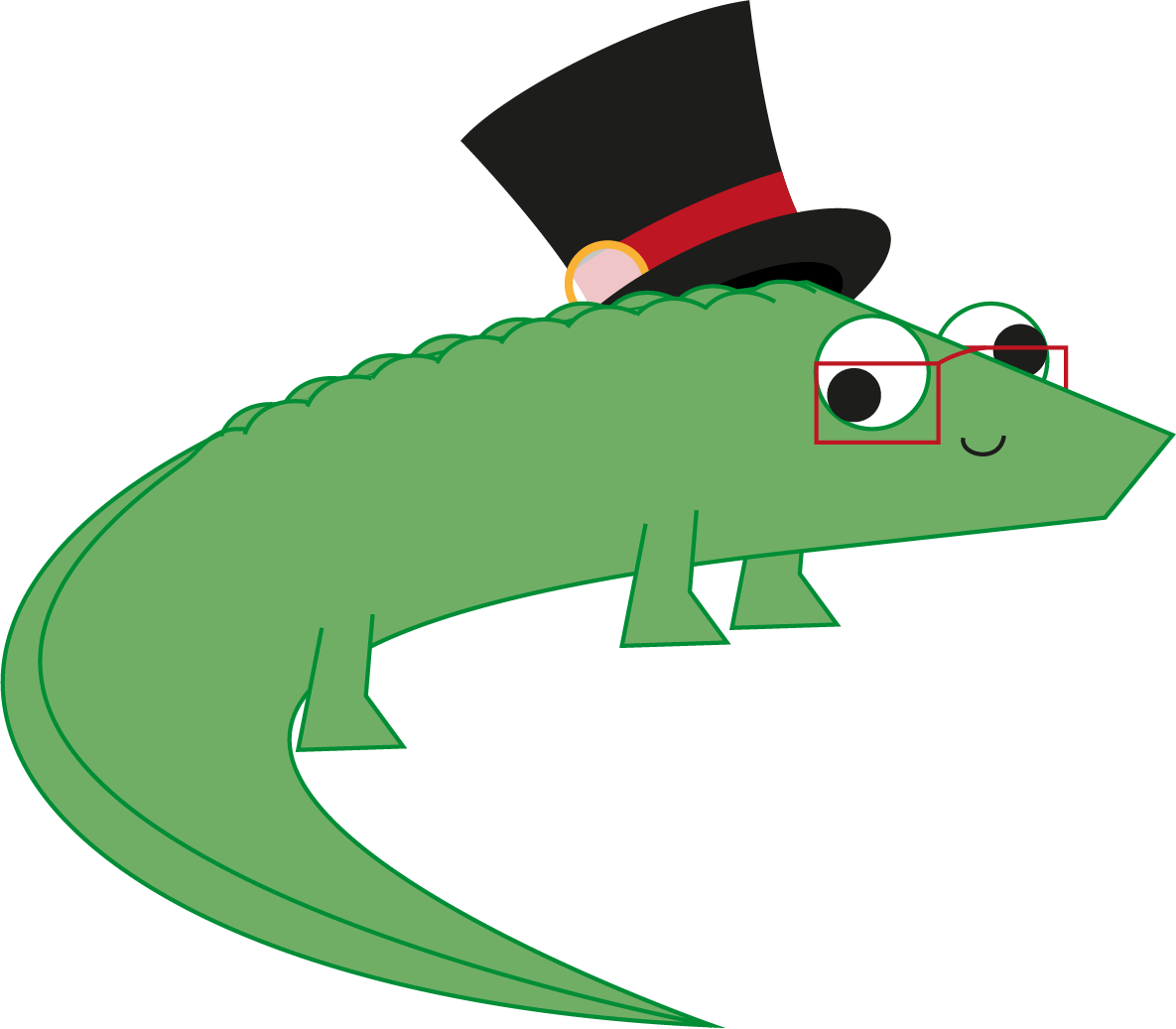 a simple illustration of a croccodile in a top hat