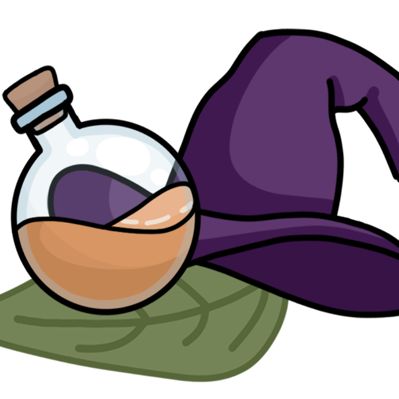 logo of a witch hat, leaf, and potion